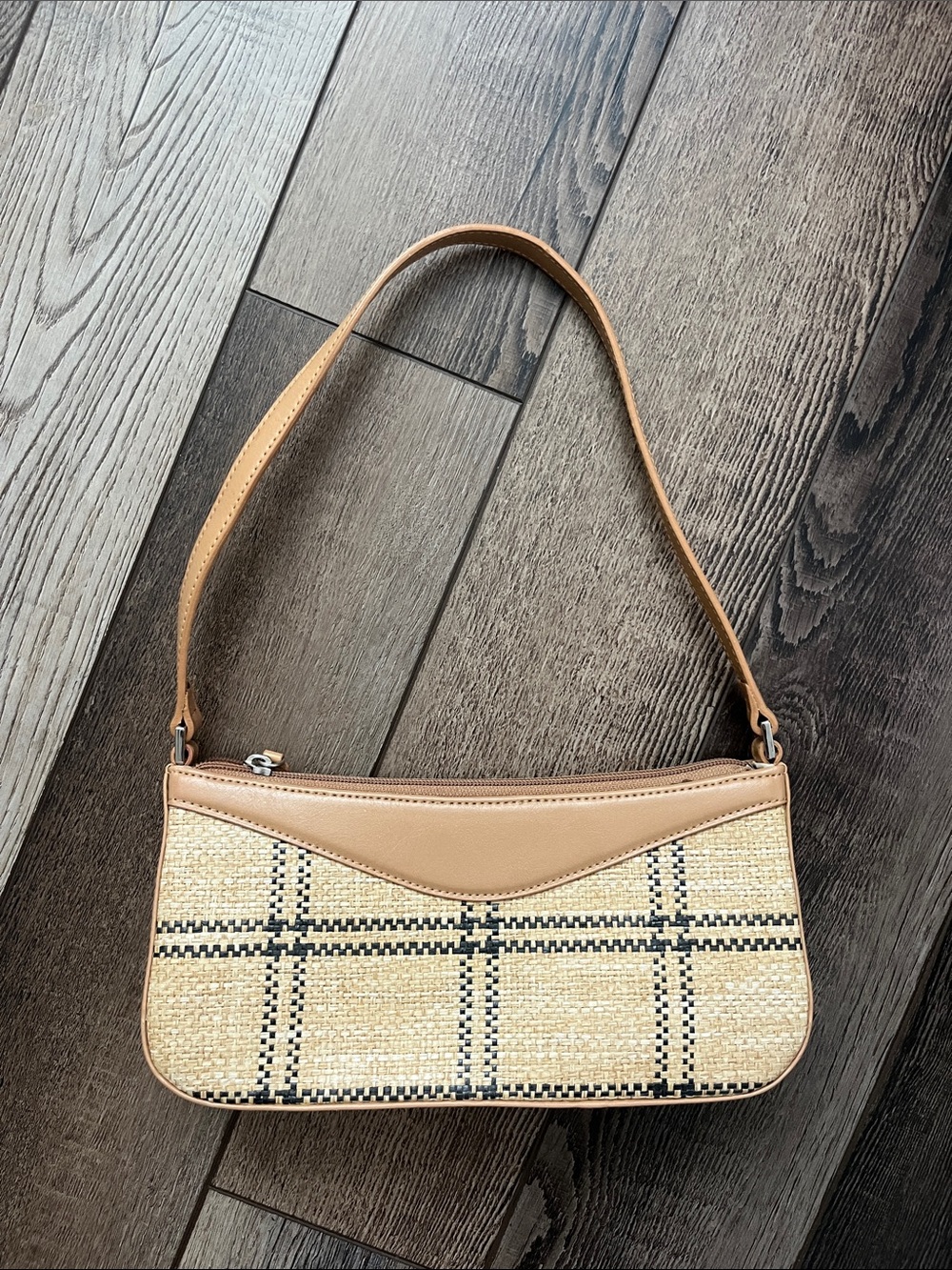 Tan Straw Texture Shoulder Bag Faux Leather Trim - Stylish Everyday Carry Purse